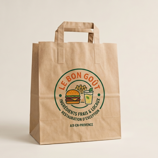 Sac Anses Plates Personnalisé 26+17x25 cm Kraft - Impression Numérique Quadri | Fabrication Française | Carton de 250 sacs
