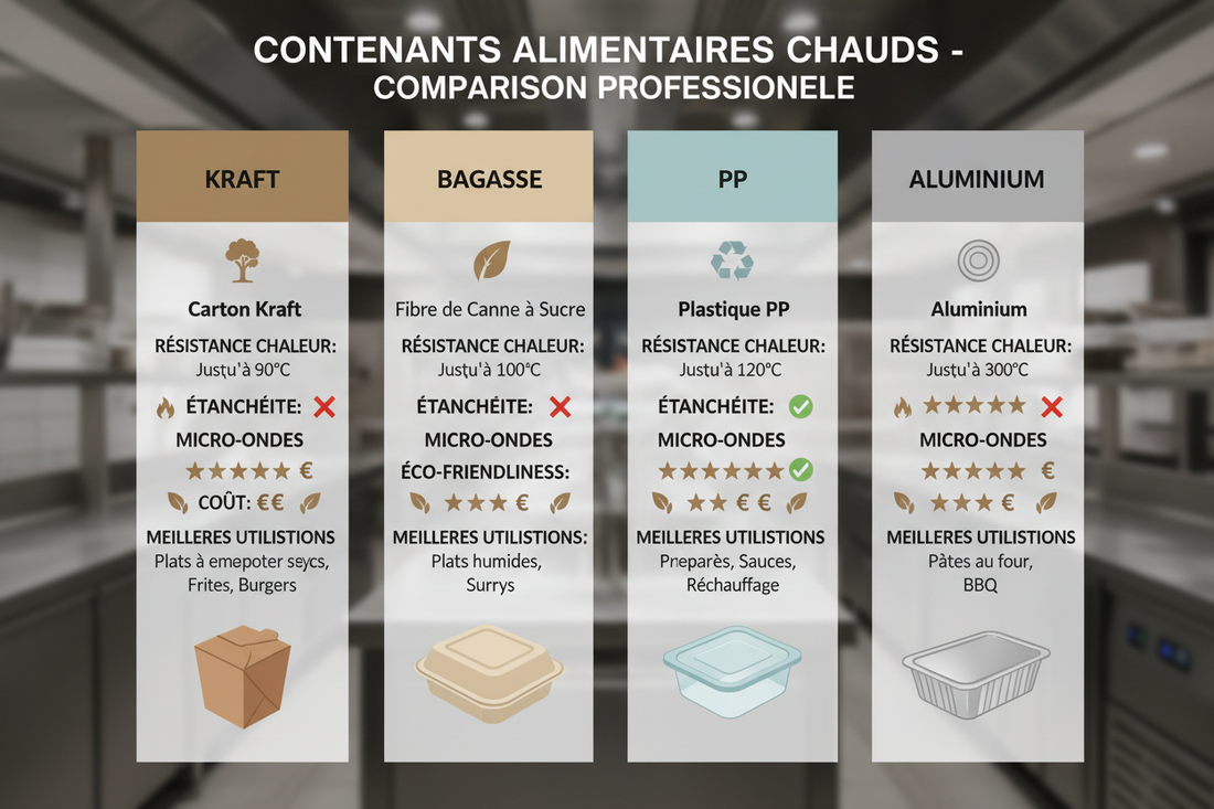 Tableau comparatif des barquettes alimentaires pour plats chauds : kraft, bagasse, PP et aluminium avec résistance chaleur, étanchéité et compatibilité micro-ondes