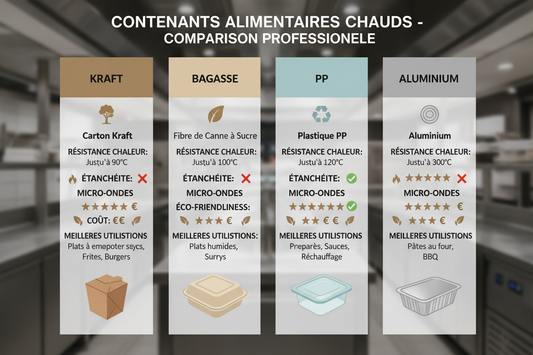 Tableau comparatif des barquettes alimentaires pour plats chauds : kraft, bagasse, PP et aluminium avec résistance chaleur, étanchéité et compatibilité micro-ondes