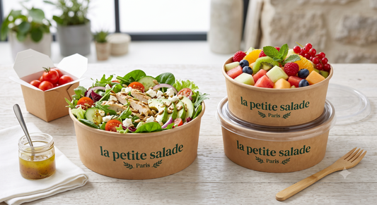 Saladiers personnalisés avec marque restaurant et logo salade