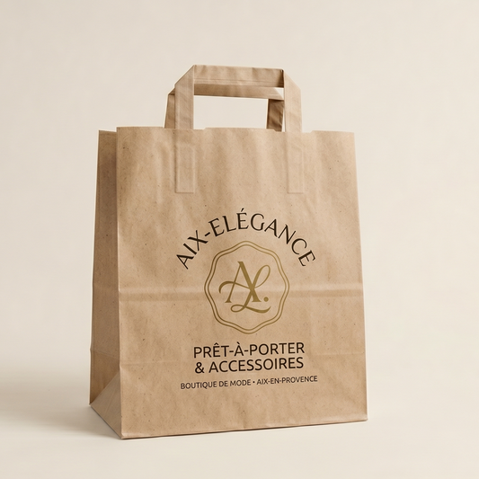 Sac Anses Plates Personnalisé 26+17x25 cm Kraft - Impression Numérique Quadri | Fabrication Française | Carton de 250 sacs